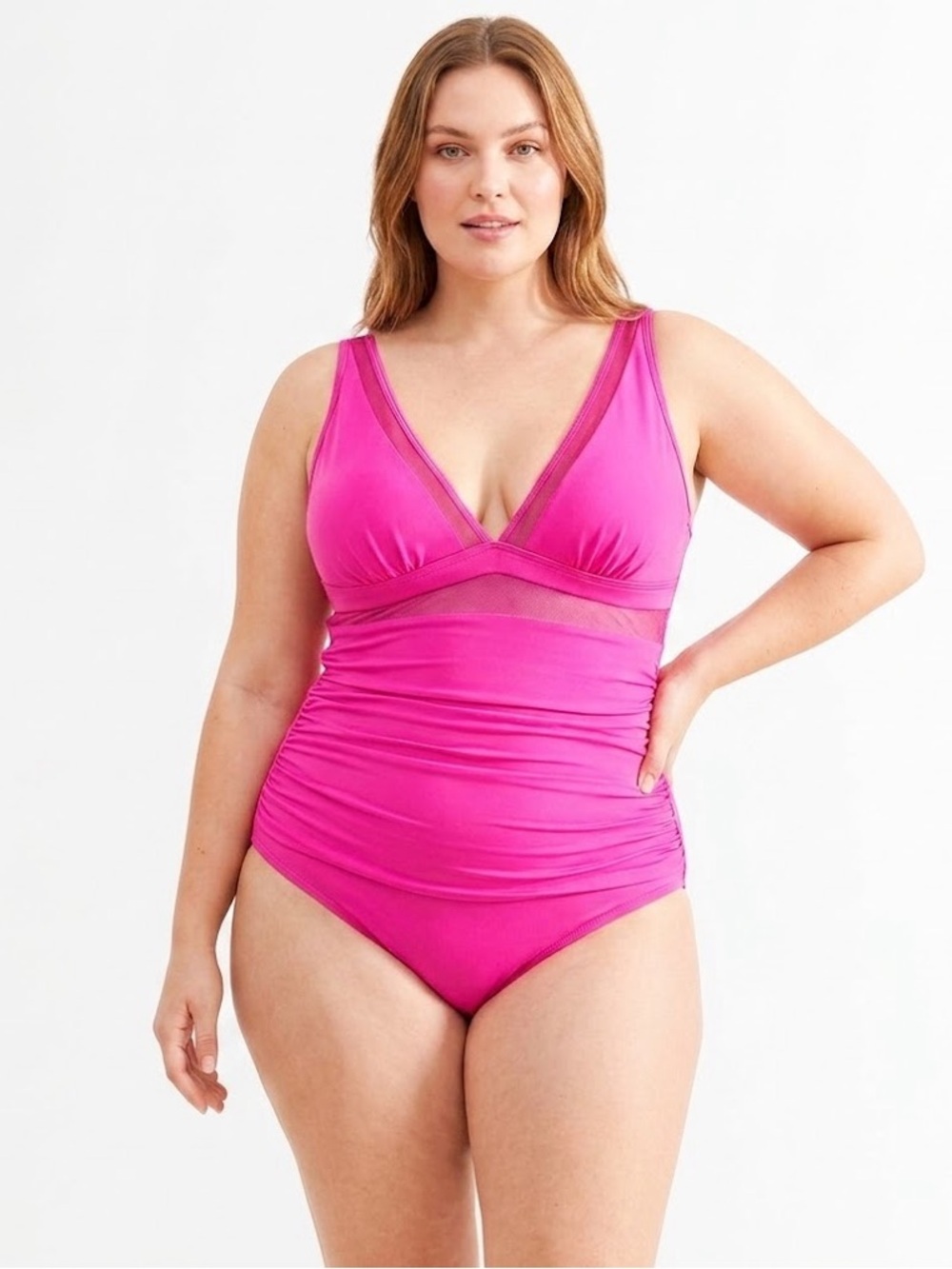Cupshe Hot Pink V-Neck One Piece Swimsuit Size 1X NWT Ruched Mesh Tummy Control